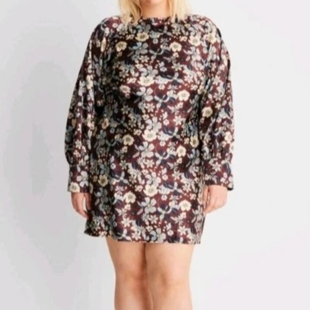 NWT! Future Collective x Reese Blutstein brown/blue floral open back mini dress - Picture 1 of 8